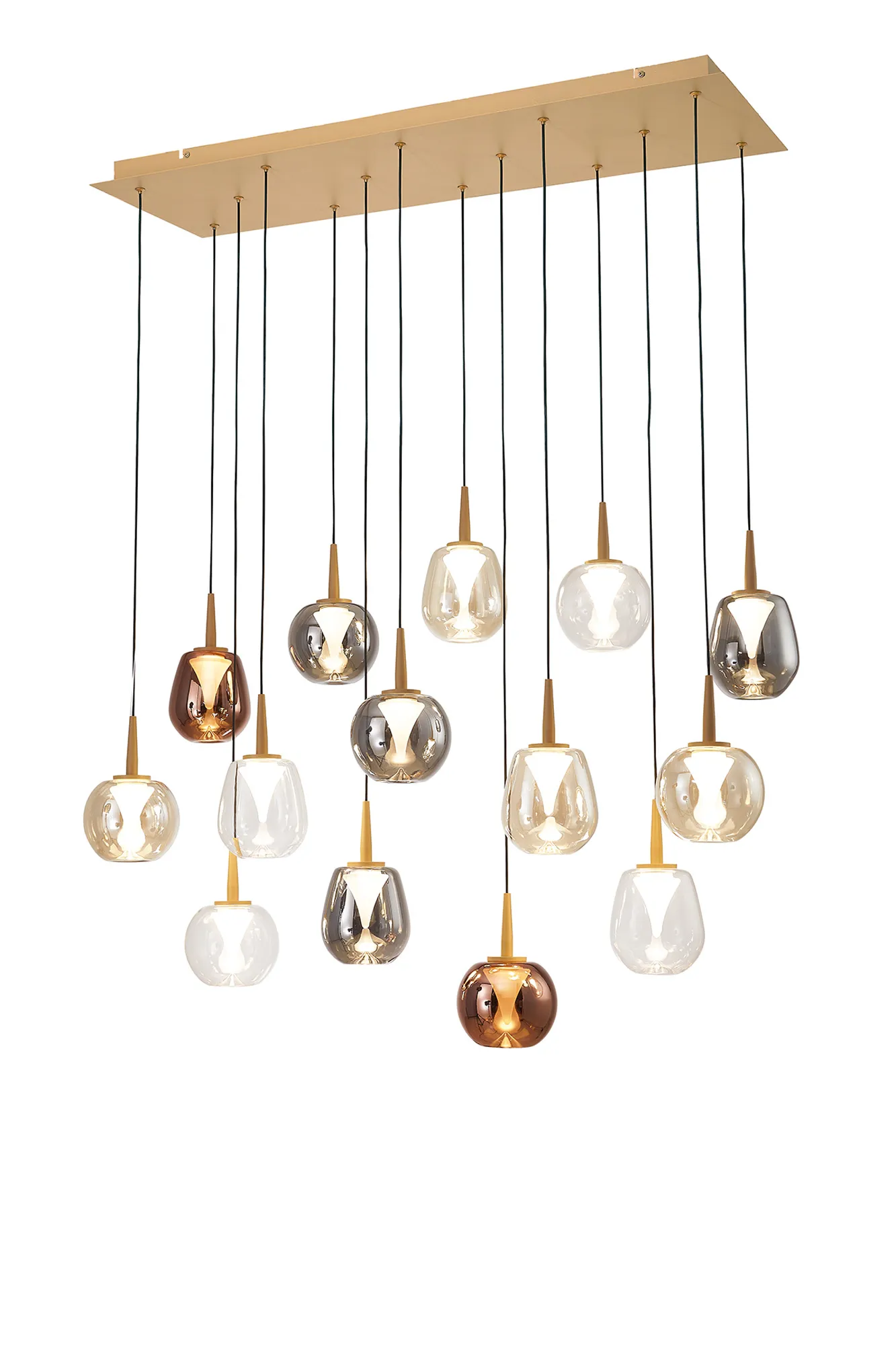 MK0011  Andromeda 102 x 33cm Rectangle Pendant, 14 x 5W LED, 3000K, 7050lm, Light Gold/Copper/Chrome/Amber/Clear/Frosted 3yrs Warranty